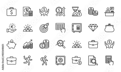 Finance line icon set. vector pictograms of briefcase, gold, calculator, coins, safe, and graph, thin outline illustration.
