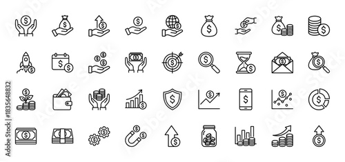 Finance and business line icon set. Vector pictograms of money, coins, currency, and investment concepts, thin outline illustration.