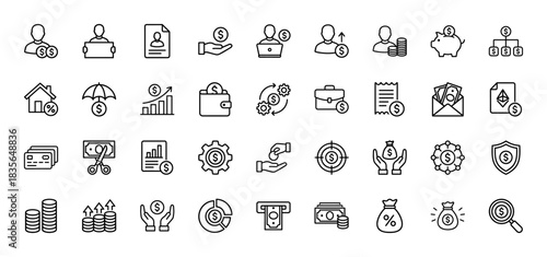 Finance and banking line icon set. Vector pictograms of money, currency, investment, credit card, and savings, thin outline illustration.