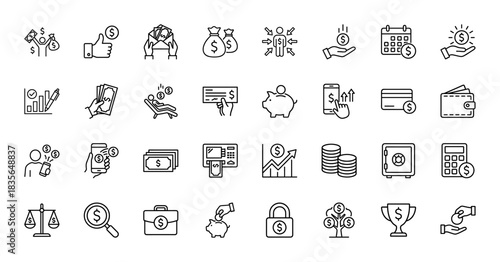 Finance line icon set. vector pictograms of money, wallet, bank, savings, credit card, calculator, and investment, thin outline illustration.