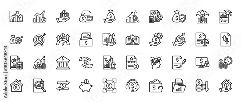 Finance line icon set. Vector pictograms of growth chart, calculator, piggy bank, wallet, and money bags, thin outline illustration.