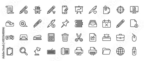 Office and business supplies line icon set. Vector pictograms of stationery, computer, printer, and paperwork, thin outline illustration.