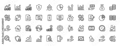Finance and business line icon set. Vector pictograms of charts, money, investment, security, and savings, thin outline illustration.