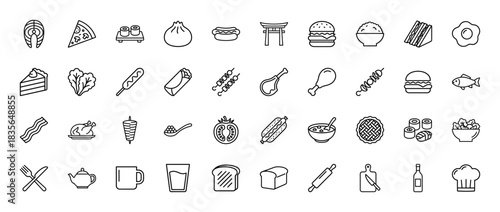 Food and drink line icon set. Vector pictograms of salmon, pizza, sushi, burger, sandwich, cake, and chicken, thin outline illustration.