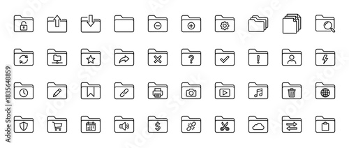 Interface management line icon set. Vector pictograms of folder with lock, upload, download, add, edit, print, search, and delete, thin outline illustration.