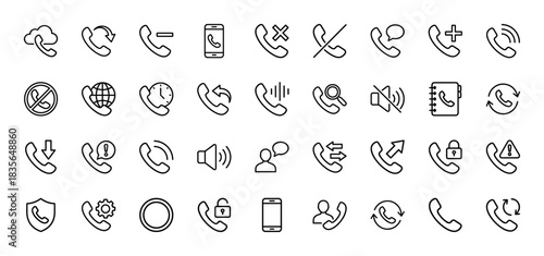 Telecommunication line icon set. Vector pictograms of phone call, contact book, mobile device, and settings, editable thin outline illustration.