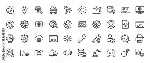 Technology and settings line icon set. Vector pictograms of gear, tool, database, security, and coding, thin outline illustration.