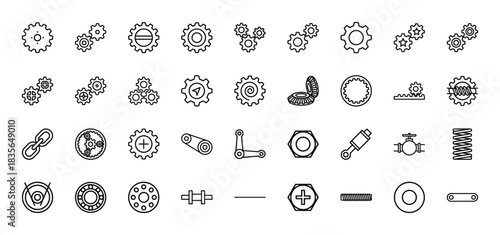 Industrial mechanical parts line icon set. Vector pictograms of gears, bearings, chains, springs, and various machine elements, thin outline illustration.