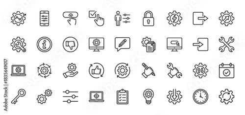 Settings and management line icon set. Vector pictograms of gear, lock, calendar, key, and tools, thin outline illustration.