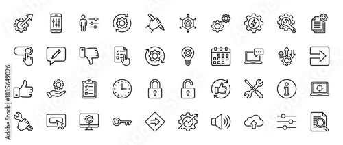 Settings and tools line icon set. Vector pictograms of gear, wrench, calendar, cloud, and lock, thin outline illustration.