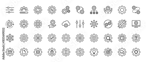 Technology and settings line icon set. Vector pictograms of configuration, process, control, gear, and management, thin outline illustration.