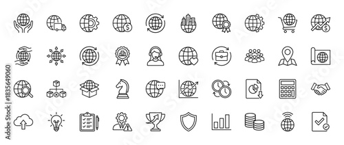 Global business and international trade line icon set. Vector pictograms of worldwide shipping, strategy, finance, and teamwork, thin outline illustration.