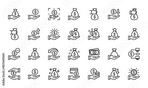 Finance and money line icon set. Vector pictograms of cash, coin, credit card, and money bags in hand, thin outline illustration.
