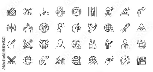 Human rights line icon set. Vector pictograms of discrimination, trafficking, protest, security, and social issues, thin outline illustration.