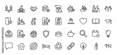 Human rights line icon set. vector pictograms of equality, justice, law, protection, freedom, education, and social issues, thin outline illustration.