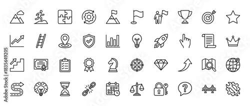 Business strategy line icon set. Vector pictograms of success, target, growth, mission, and achievement, thin outline illustration.
