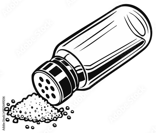Black and white vector illustration of a tilted salt shaker spilling seasoning