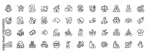 Ecology and sustainability line icon set. Vector pictograms of recycling, money, planet, leaf, and shopping cart, thin outline illustration.