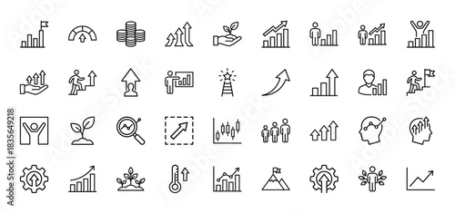 Business and growth line icon set. Vector pictograms of charts, graphs, arrows, money, and success, thin outline illustration.