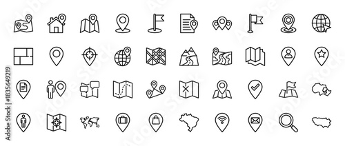 Navigation and location line icon set. Vector pictograms of map pin, route, flag, globe, and compass, thin outline illustration.