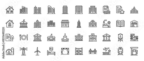 Architecture and cityscape line icon set. Vector pictograms of house, apartment, store, bank, factory, and other buildings, thin outline illustration.