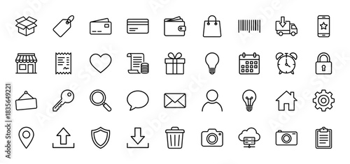E-commerce and shopping line icon set. Vector pictograms of credit card, wallet, barcode, delivery truck, and security, thin outline illustration.