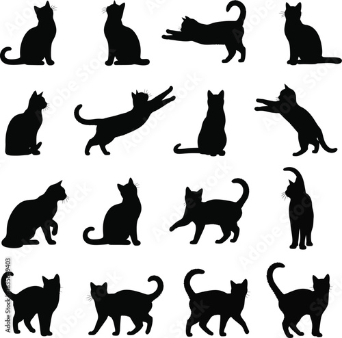 Collection of black cat silhouettes in various poses on white
