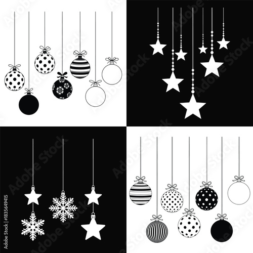 Monochrome christmas ornaments and stars on split background