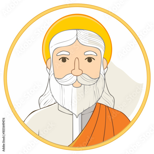 Stylized portrait of a wise elder with a white beard and orange robe wearing a halo