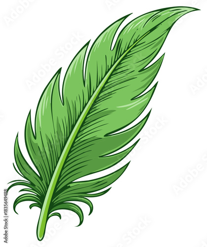 Green feather illustration, nature and quill design, isolated cartoon style.