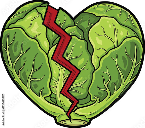 Broken lettuce heart, food emotion concept, green vegetable love, cracked salad symbol, artistic heartbreak, visual pun, healthy breakup metaphor