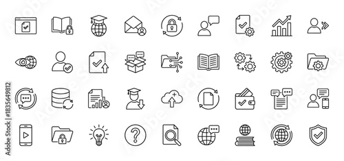 Information technology and education line icon set. Vector pictograms of document management, global network, security, and knowledge, thin outline illustration.