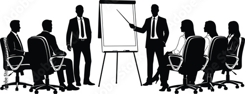 Business meeting silhouette, corporate presentation, office teamwork, black figures, flip chart scene, professional collaboration, white background, formal discussion