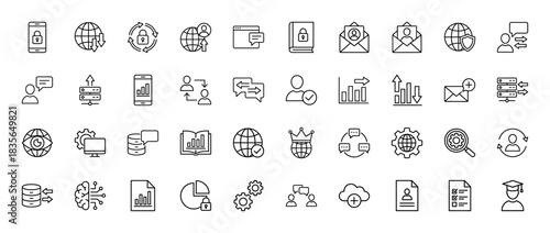 Technology and data security line icon set. Vector pictograms of smartphone, globe, email, server, and charts, thin outline illustration.