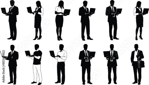 Business silhouettes, laptop users, corporate professionals, digital work icons, remote office workers, standing posture, black and white illustration, tech engagement