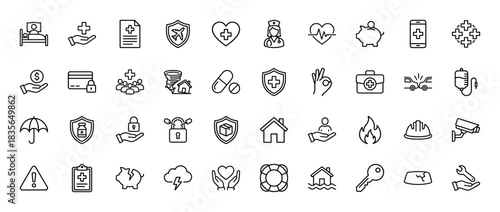 Insurance and protection line icon set. Vector pictograms of health, home, travel, and financial protection, thin outline illustration.
