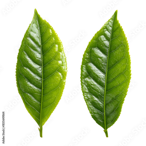 A realistic closeup of two fresh green tea leaves arranged vertically bright vibrant green color detailed leaf veins and natural texture glossy surface with soft natural highlights cri