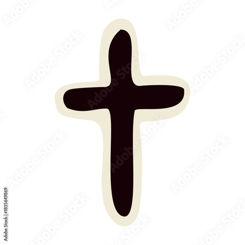 Bold black wood christian cross motif hand drawn vector style. Flat wooden crucifix simple gravestone marker icon. For sacred holy christianity religion or christ crucifixion bible study concept.
