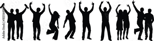 Celebration silhouettes, graduation joy, achievement pose, certificate icon, outline style, unity, success, festive moment, jumping, group energy