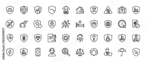 Insurance and protection line icon set. Vector pictograms of worker safety, travel, property, and legal coverage, thin outline illustration.