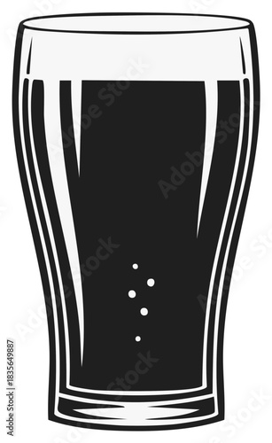 Stylized illustration of a glass filled with dark beverage and bubbles