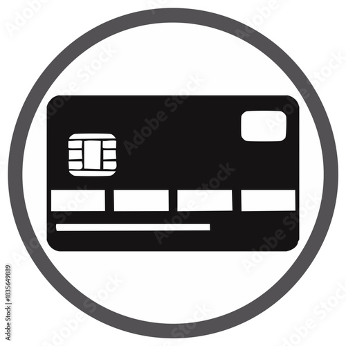 Black credit card icon with chip symbol in a circle representing secure digital payments and financial transactions