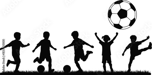 Children playing soccer silhouette, outdoor activity, black figures, white background, sports teamwork, energetic movement, youth play illustration