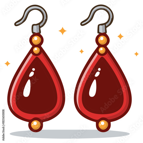Sparkling pair of deep red teardrop earrings featuring golden beads and silver hooks elegant jewelry accessory vector