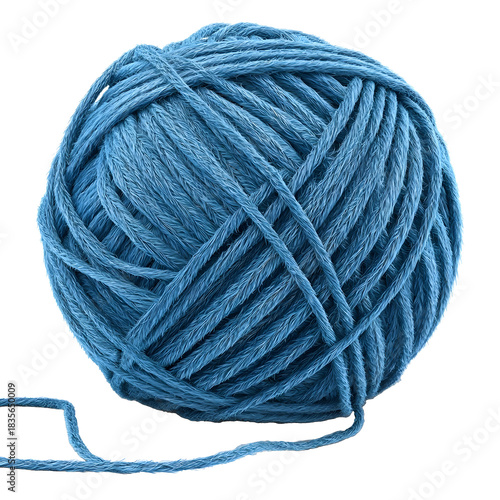 Realistic blue yarn ball with loose string extending outward detailed wool texture high resolution isolated on white background no shadow perfect for PNG export