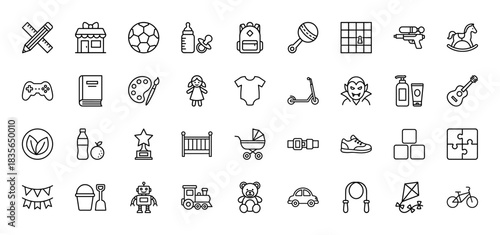 Baby and childhood line icon set. Vector pictograms of toys, clothes, food, and accessories, thin outline illustration.