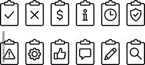 Clipboard icon set, status symbol graphic, task management badge, UI element illustration, documentation concept icon, workflow design element