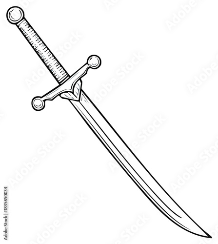 Elegant Medieval Sword with Curved Blade: Black and White Line Art Illustration