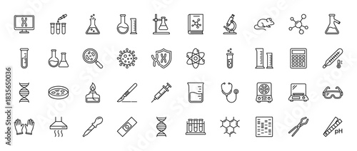 Science and biology line icon set. Vector pictograms of dna, test tube, microscope, laboratory glassware, and tools, thin outline illustration.