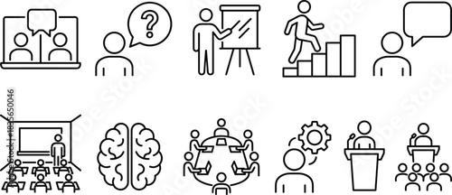 Communication icons, education symbol, professional development, public speaking, teamwork, growth chart, outline style, meeting, teaching, idea